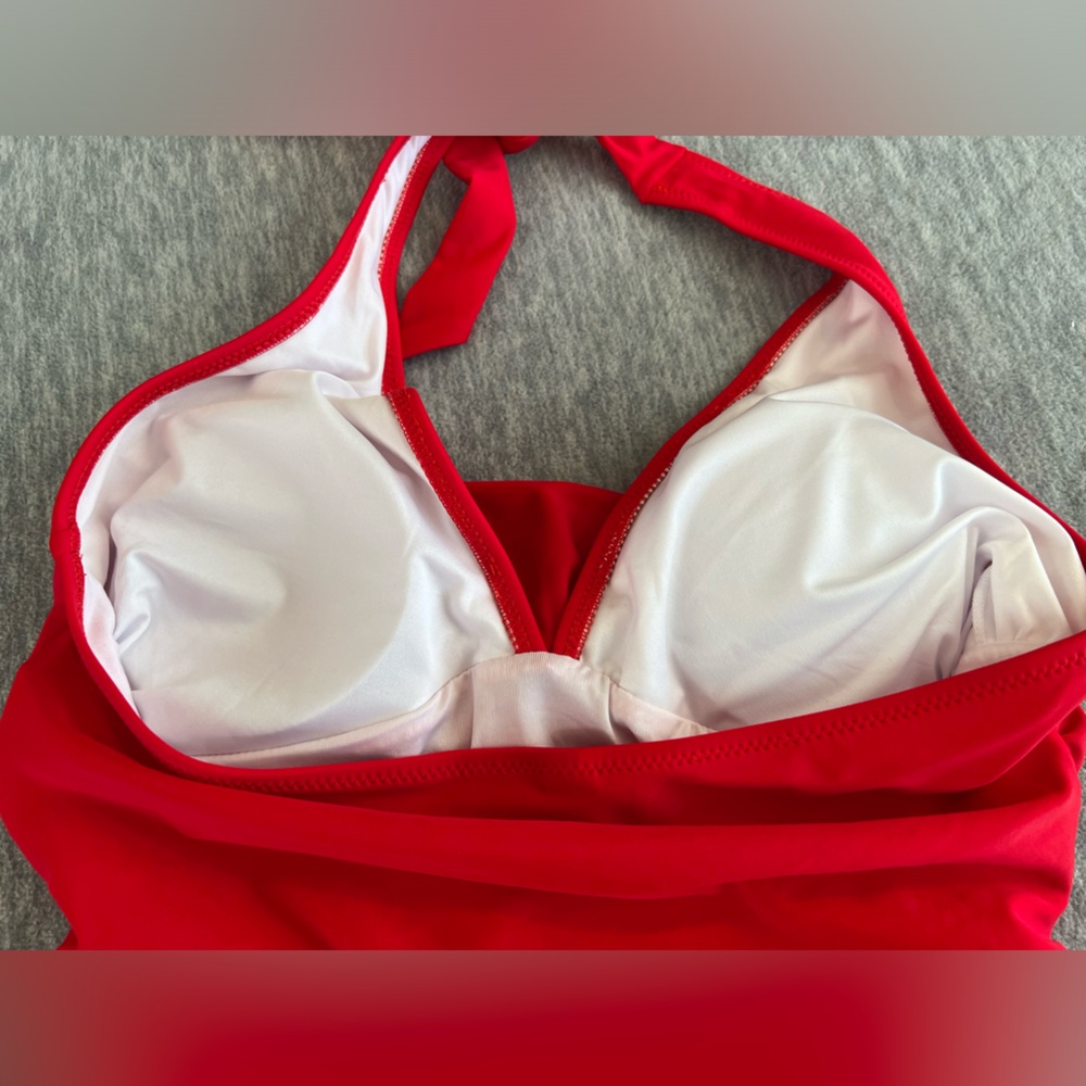 Swimsuit 1 piece red women S ruched halter tie pin up style swimwear summer new - Picture 5 of 7